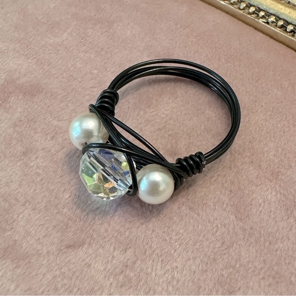 Handmade Sparkling Wire Wrapped Ring Black Glass AB Pearls Metal Hand Done - Picture 5 of 5